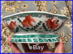 Antique Chinese Porcelain Scalloped Footed Dish Bowl Hand Painted Gold Koi Fish