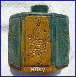 Antique Chinese hexigonal tea caddy glazed biscuit green gold porcelain Ching