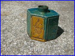 Antique Chinese hexigonal tea caddy glazed biscuit green gold porcelain Ching