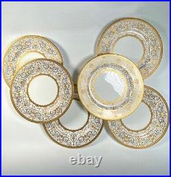 Antique Coalport English Porcelain 10 3/8 Dinner Plates, Fab Raised Gold Enamel