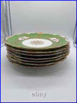Antique Coalport English Porcelain Set 7 Plates w Green Gold & Floral Decoration