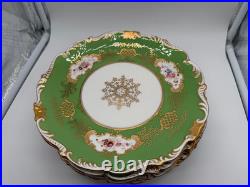 Antique Coalport English Porcelain Set 7 Plates w Green Gold & Floral Decoration