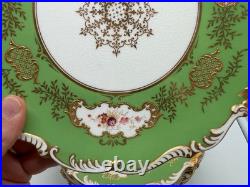 Antique Coalport English Porcelain Set 7 Plates w Green Gold & Floral Decoration