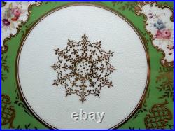 Antique Coalport English Porcelain Set 7 Plates w Green Gold & Floral Decoration