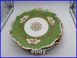 Antique Coalport English Porcelain Set 7 Plates w Green Gold & Floral Decoration