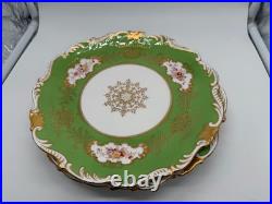 Antique Coalport English Porcelain Set 7 Plates w Green Gold & Floral Decoration Antique Coalport English Porcelain Set 7 Plates w Green Gold & Floral Decoration