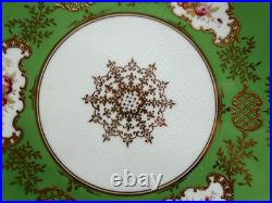 Antique Coalport English Porcelain Set 7 Plates w Green Gold & Floral Decoration