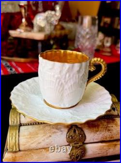 Antique Coalport Porcelain china Rococco tea cup saucer c1885 gold white museum