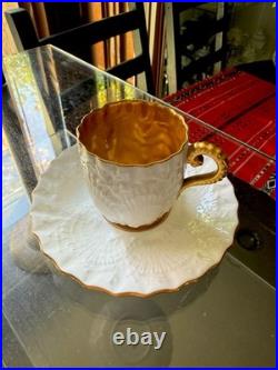 Antique Coalport Porcelain china Rococco tea cup saucer c1885 gold white museum
