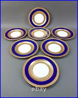 Antique English China Cobalt Blue Gold Encrusted 8 3/4 Luncheon Plates Set Of 7