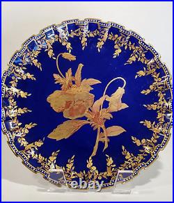 Antique English Copeland Hand Painted Plate Jeweled Cobalt Lush Gold Floral