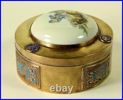 ^ Antique FINE Chinese Export Brass, Enamel & Hand Painted Porcelain Round Box