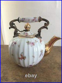 Antique Floral & Gold Teapot Metal and Porcelain Handle