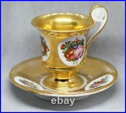 Antique France Paris Porcelain Bone China Cup and Saucer Gilded Lion Handle XIXc