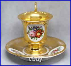 Antique France Paris Porcelain Bone China Cup and Saucer Gilded Lion Handle XIXc