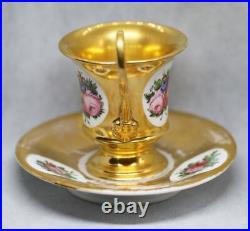 Antique France Paris Porcelain Bone China Cup and Saucer Gilded Lion Handle XIXc