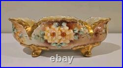 Antique German Hand Painted Gold Gilt Oval Bowl Bavaria Foot Floral Porcelain