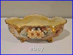 Antique German Hand Painted Gold Gilt Oval Bowl Bavaria Foot Floral Porcelain