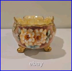 Antique German Hand Painted Gold Gilt Oval Bowl Bavaria Foot Floral Porcelain