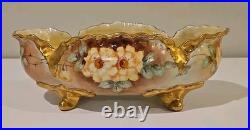 Antique German Hand Painted Gold Gilt Oval Bowl Bavaria Foot Floral Porcelain