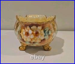 Antique German Hand Painted Gold Gilt Oval Bowl Bavaria Foot Floral Porcelain