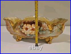 Antique German Hand Painted Gold Gilt Oval Bowl Bavaria Foot Floral Porcelain