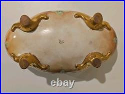 Antique German Hand Painted Gold Gilt Oval Bowl Bavaria Foot Floral Porcelain
