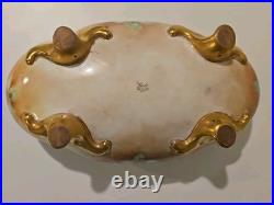 Antique German Hand Painted Gold Gilt Oval Bowl Bavaria Foot Floral Porcelain