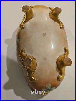 Antique German Hand Painted Gold Gilt Oval Bowl Bavaria Foot Floral Porcelain