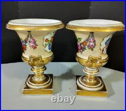 Antique German Porcelain Floral Gold Gilt Mantle Vases, 11 x 8.25