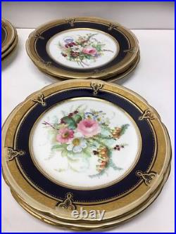 Antique Hand Painted Floral Cabinet Plates Cobalt Blue Gold Gilt ABPearce Set 12