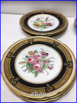 Antique Hand Painted Floral Cabinet Plates Cobalt Blue Gold Gilt ABPearce Set 12
