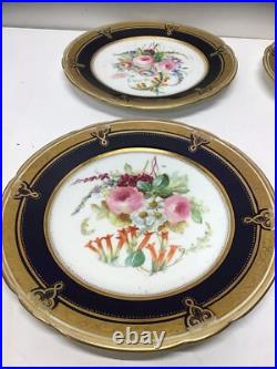 Antique Hand Painted Floral Cabinet Plates Cobalt Blue Gold Gilt ABPearce Set 12