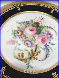 Antique Hand Painted Floral Cabinet Plates Cobalt Blue Gold Gilt ABPearce Set 12