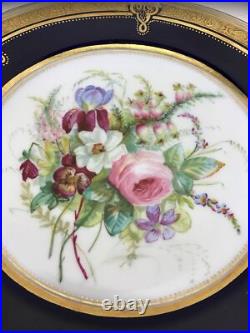 Antique Hand Painted Floral Cabinet Plates Cobalt Blue Gold Gilt ABPearce Set 12