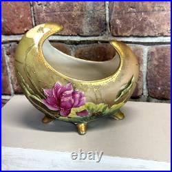 Antique Hand Painted Nippon Porcelain Vase Crescent Moriage Lotus Gold Accents