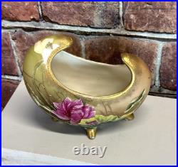 Antique Hand Painted Nippon Porcelain Vase Crescent Moriage Lotus Gold Accents