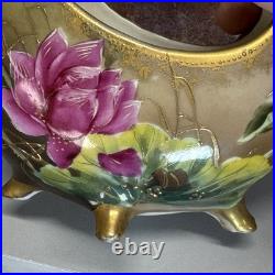 Antique Hand Painted Nippon Porcelain Vase Crescent Moriage Lotus Gold Accents