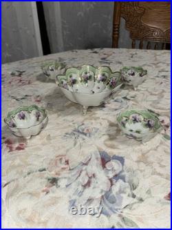 Antique Hand Painted Porcelain Violet Berry Bowl Set Gold Gilded Scalloped