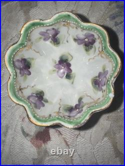Antique Hand Painted Porcelain Violet Berry Bowl Set Gold Gilded Scalloped