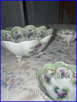 Antique Hand Painted Porcelain Violet Berry Bowl Set Gold Gilded Scalloped