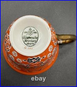 Antique Hutschenreuther Hohenberg Bavaria Orange 1814-1914 Gold Coffee Cup Set