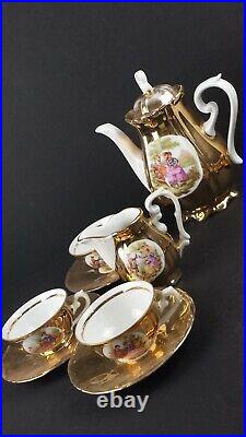 Antique JWK Karlsbad Germany Fine China Porcelain Tea Coffee Set Gilt Gold 17 Pc