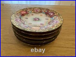 Antique Japanese Nippon Porcelain Set of 6 Plates with Painted Flowers & Gold Dec