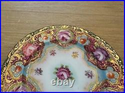 Antique Japanese Nippon Porcelain Set of 6 Plates with Painted Flowers & Gold Dec