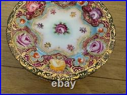 Antique Japanese Nippon Porcelain Set of 6 Plates with Painted Flowers & Gold Dec