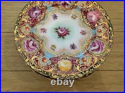 Antique Japanese Nippon Porcelain Set of 6 Plates with Painted Flowers & Gold Dec