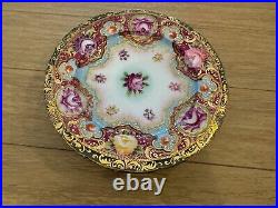 Antique Japanese Nippon Porcelain Set of 6 Plates with Painted Flowers & Gold Dec