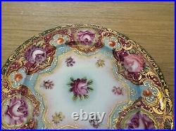 Antique Japanese Nippon Porcelain Set of 6 Plates with Painted Flowers & Gold Dec