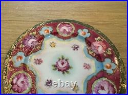 Antique Japanese Nippon Porcelain Set of 6 Plates with Painted Flowers & Gold Dec